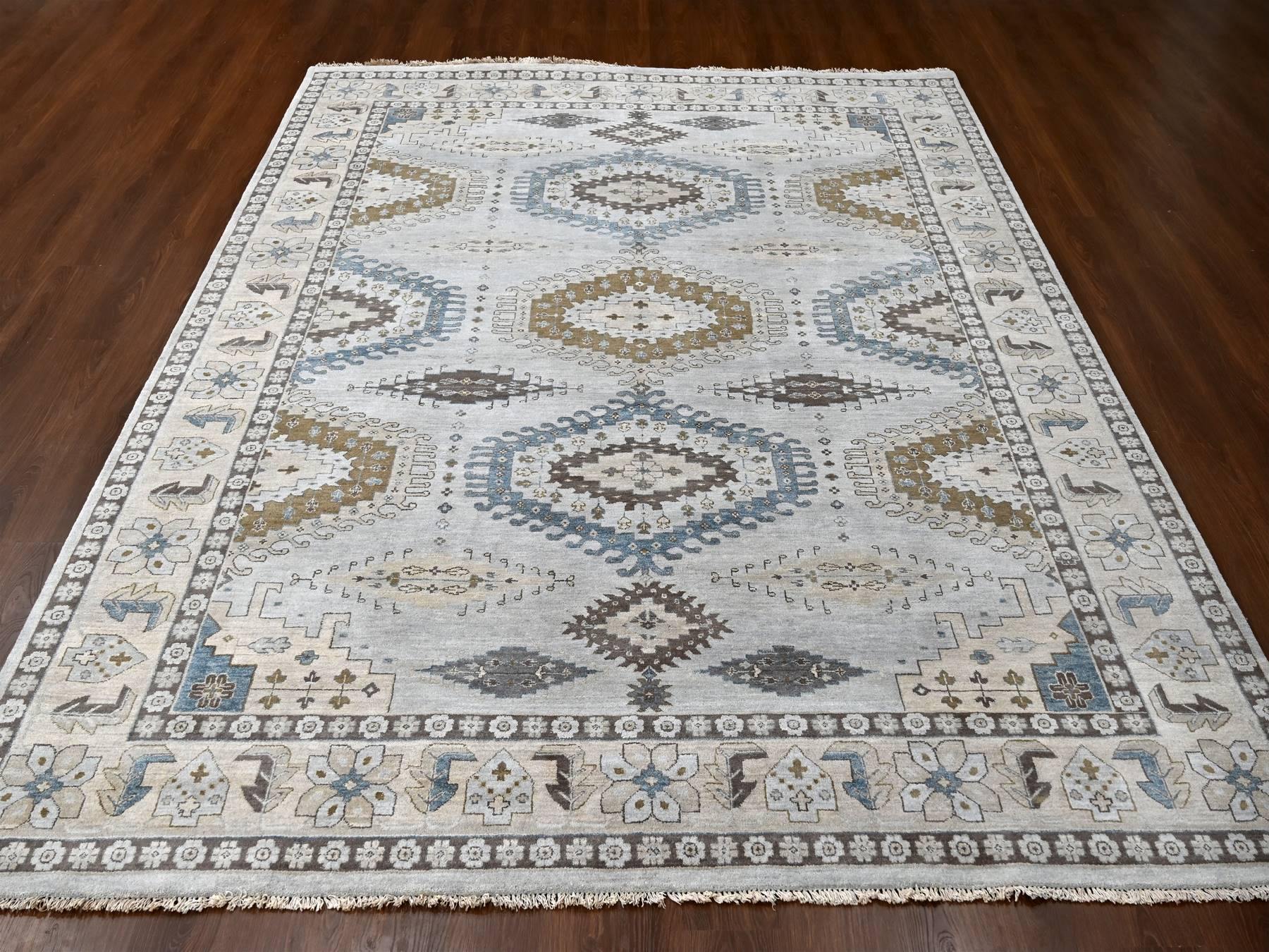 Tribal & Geometric hand-knotted wool rug in Gray & Abstract White, 9'1" x 11'11" — SKU O084760 (view 2)