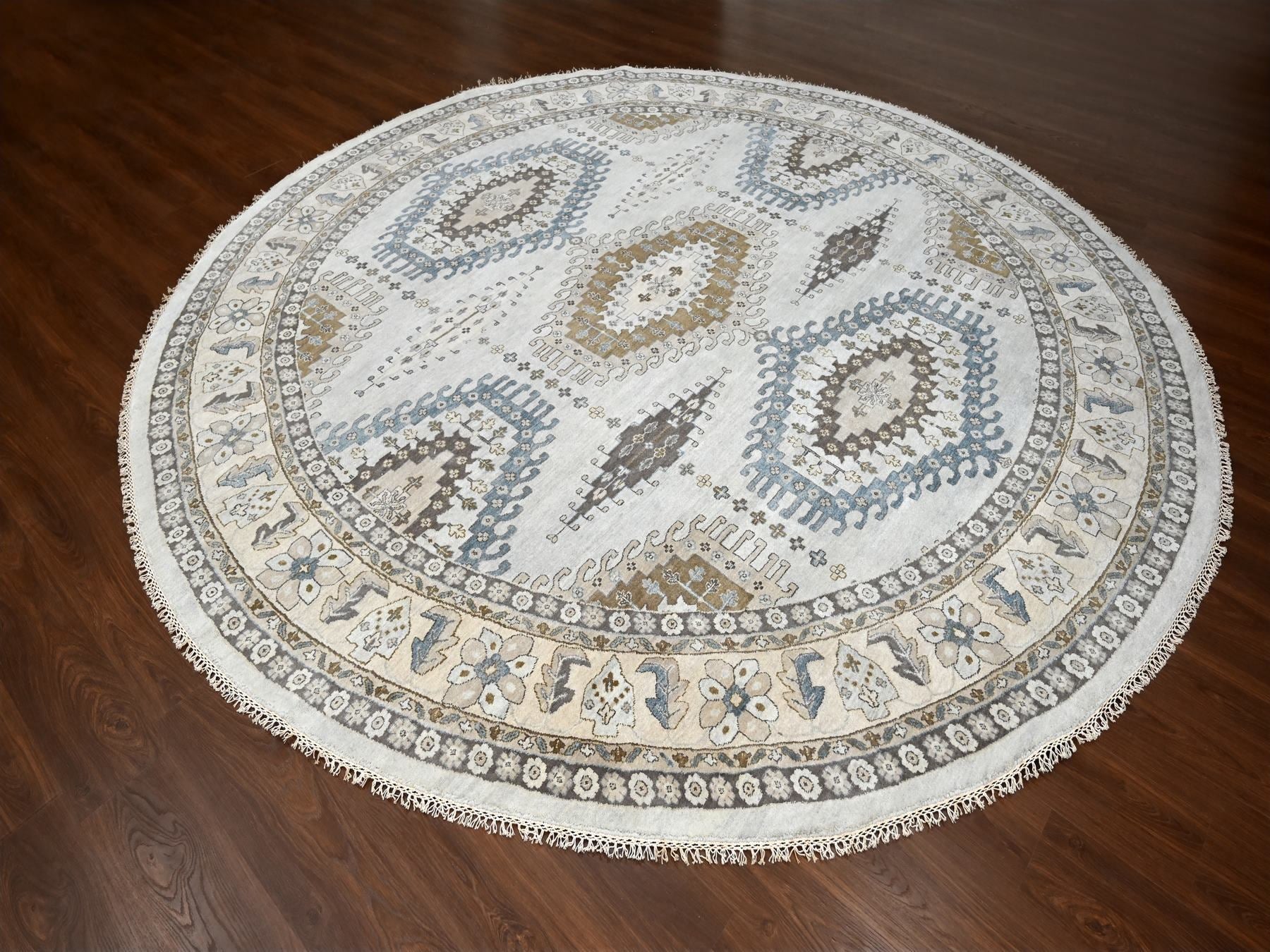 Tribal & Geometric hand-knotted wool rug in Gray & Feather White, 12' x 12' — SKU O084762 (view 2)