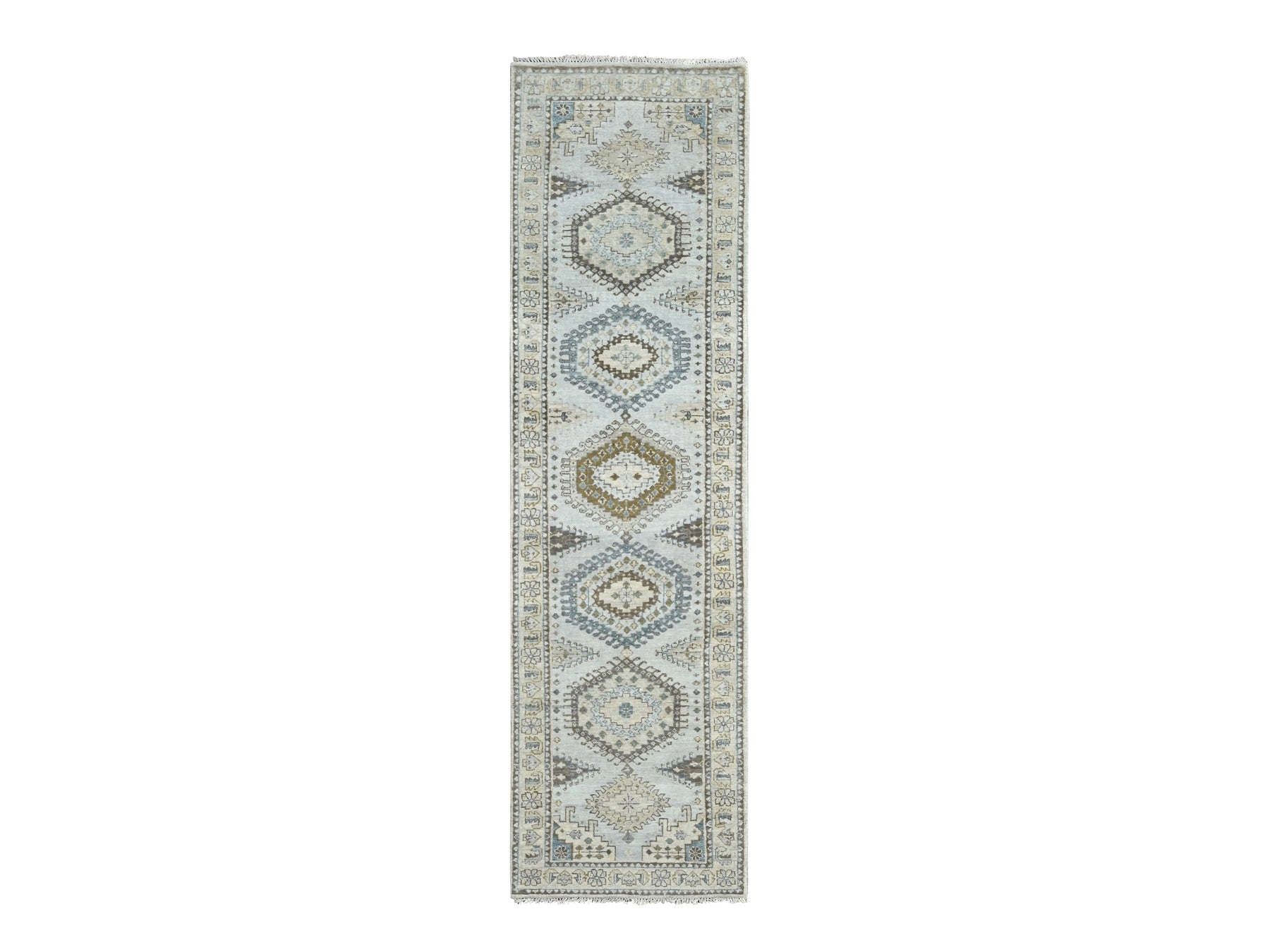 Tribal & Geometric hand-knotted wool runner in Gray & Ivory, 2'8" x 10'1" — SKU O084801
