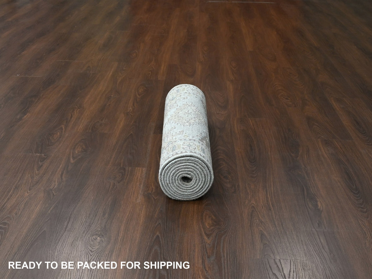 Tribal & Geometric hand-knotted wool runner in Gray & Ivory, 2'8" x 10'1" — SKU O084801 (view 6)