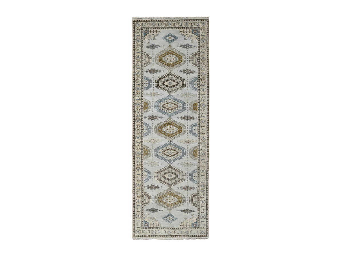 Tribal & Geometric hand-knotted wool runner in Gray & Ivory, 4'3" x 12' — SKU O084818