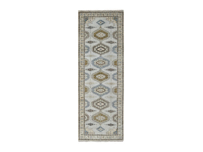 Tribal & Geometric hand-knotted wool runner in Gray & Ivory, 4'3" x 12' — SKU O084818