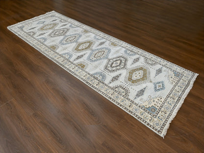 Tribal & Geometric hand-knotted wool runner in Gray & Ivory, 4'3" x 12' — SKU O084818 (view 2)