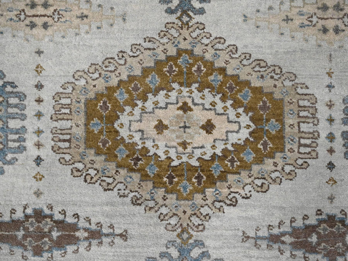 Tribal & Geometric hand-knotted wool runner in Gray & Ivory, 4'3" x 12' — SKU O084818 (view 5)