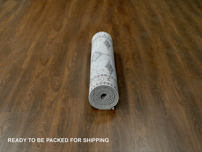 Tribal & Geometric hand-knotted wool runner in Gray & Ivory, 4'3" x 12' — SKU O084818 (view 6)