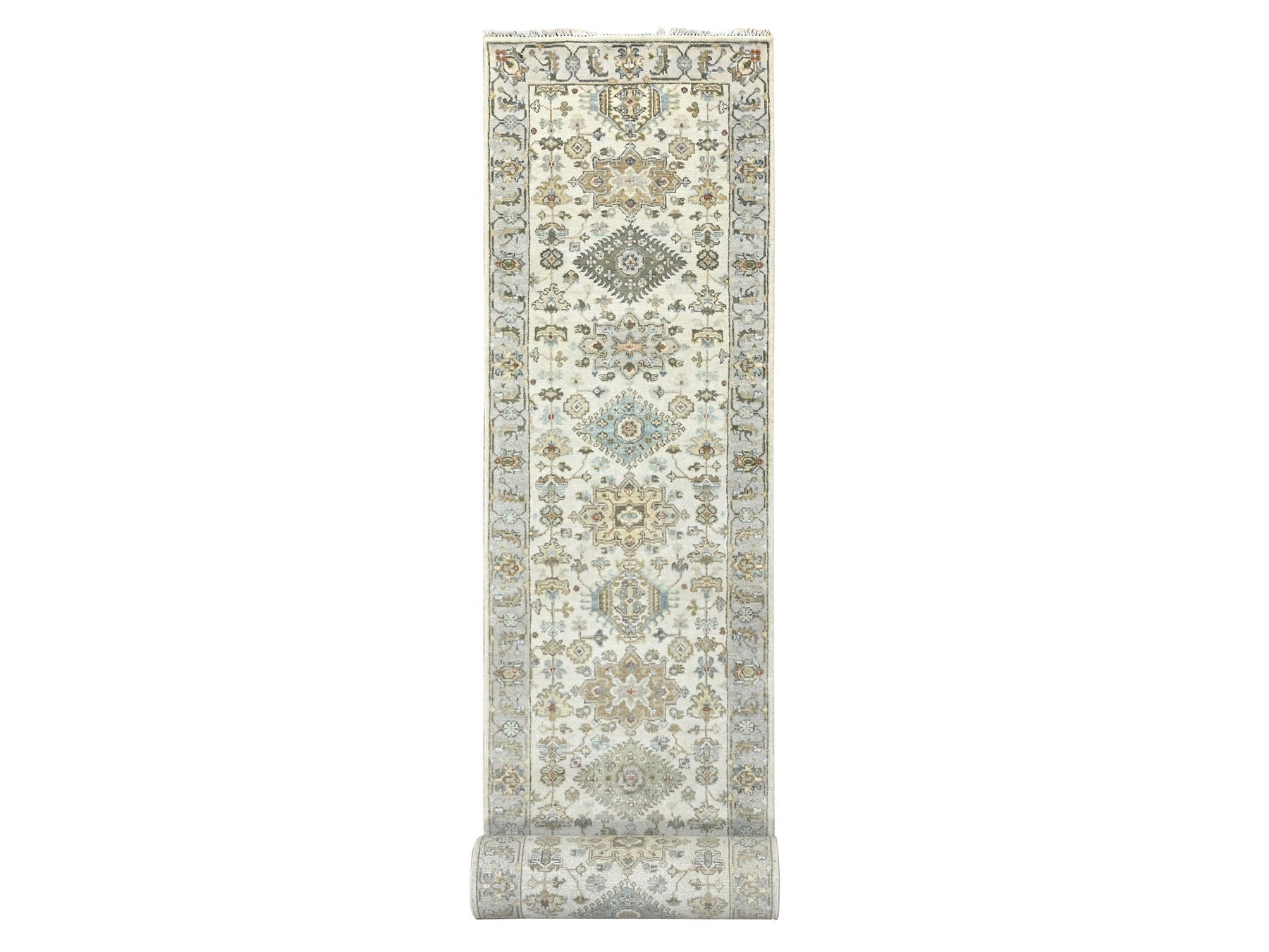 Heriz hand-knotted wool runner in Ivory & Silver, 2'9" x 17'10" — SKU O084826