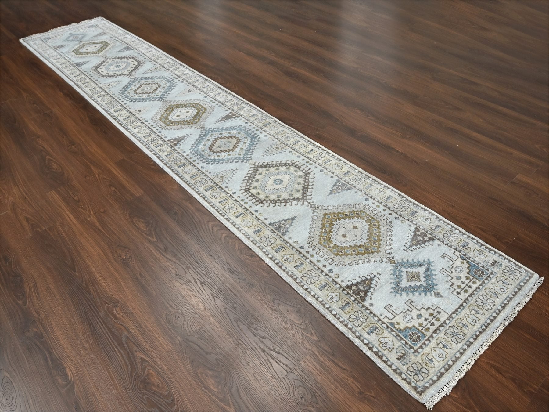 Tribal & Geometric hand-knotted wool runner in Gray & Ivory, 2'8" x 14'1" — SKU O084830 (view 2)
