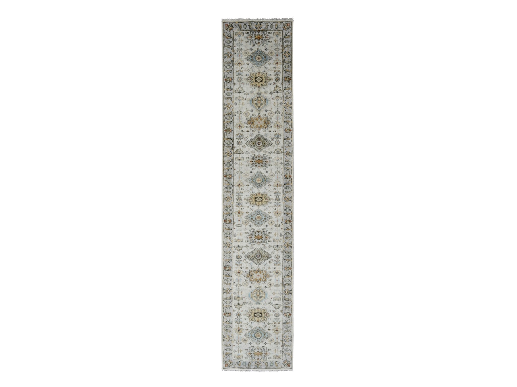 Tribal Heriz hand-knotted wool runner in Ivory & Silver, 2'9" x 13'6" — SKU O084841