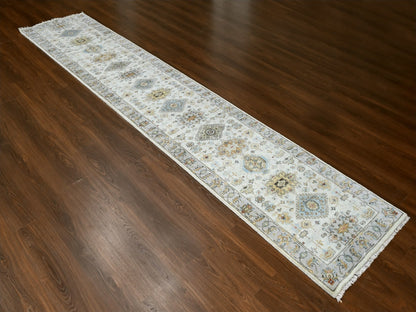 Tribal Heriz hand-knotted wool runner in Ivory & Silver, 2'9" x 13'6" — SKU O084841 (view 2)