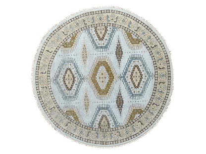 Grey 8'1" x 8'1" Tribal & Geometric Hand knotted Wool Rug - Sku: O084921