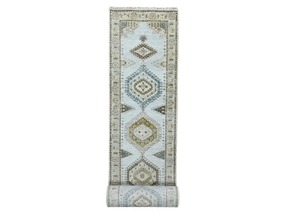 Grey 2'7" x 19'9" Tribal & Geometric Hand knotted Wool Rug - Sku: O084923