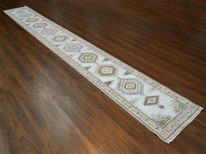 Grey 2'7" x 19'9" Tribal & Geometric Hand knotted Wool Rug - Sku: O084923