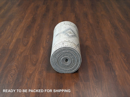 Grey 2'7" x 23'9" Tribal & Geometric Hand knotted Wool Rug - Sku: O084928