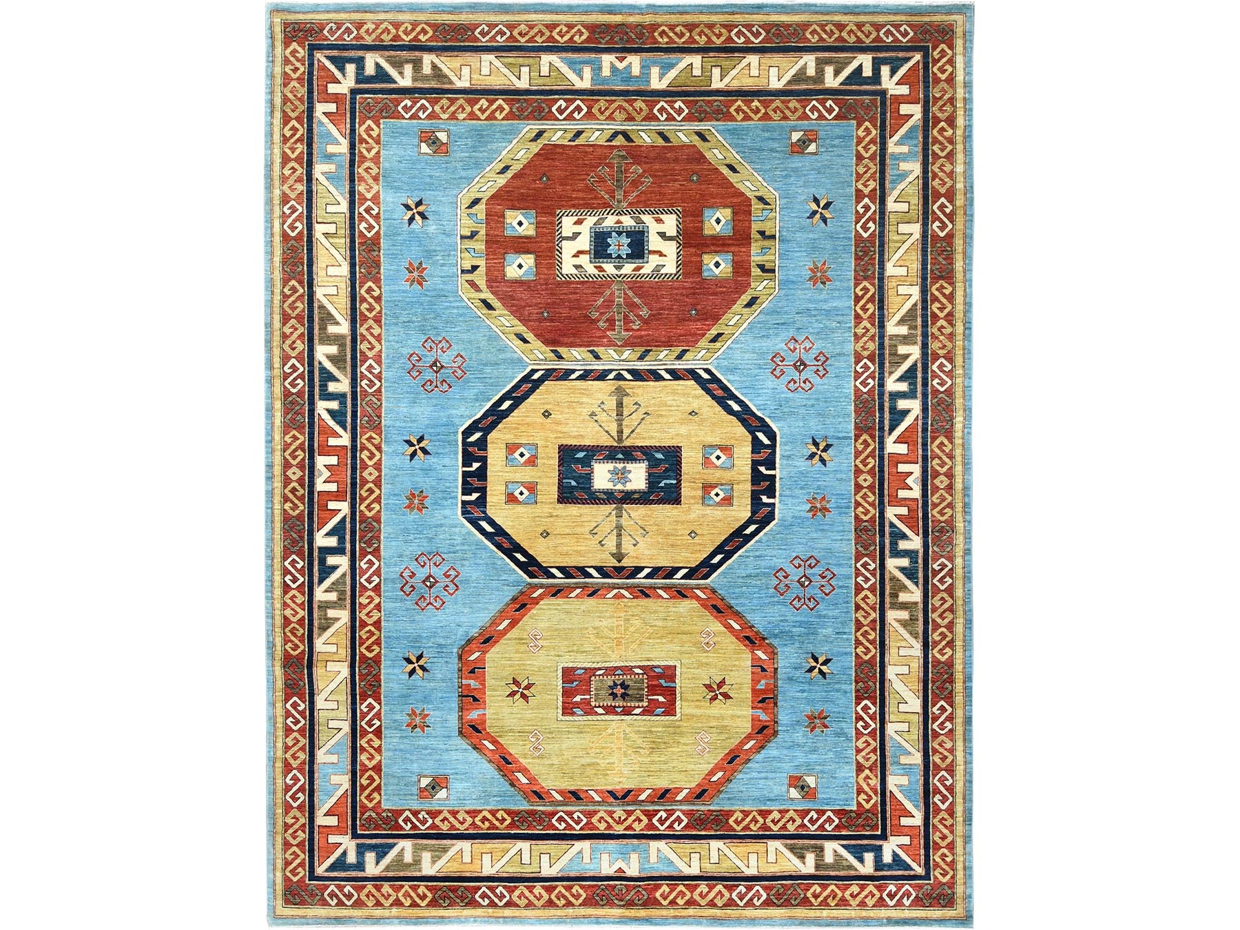 Tribal & Geometric hand-knotted wool rug in Blue & Red, 9' x 11'10" — SKU O085032
