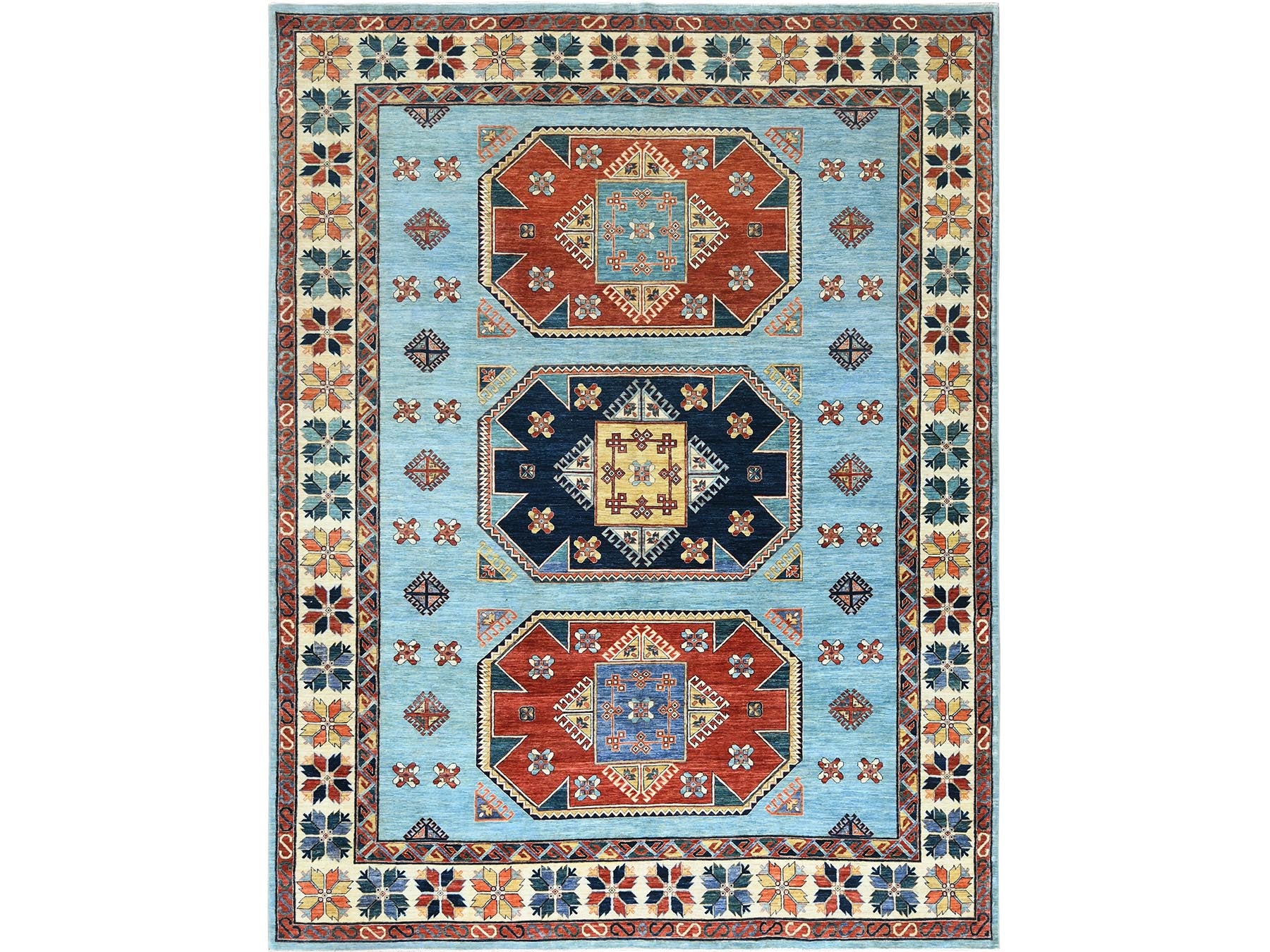 Tribal & Geometric hand-knotted wool rug in Blue & Ivory, 9' x 11'8" — SKU O085034