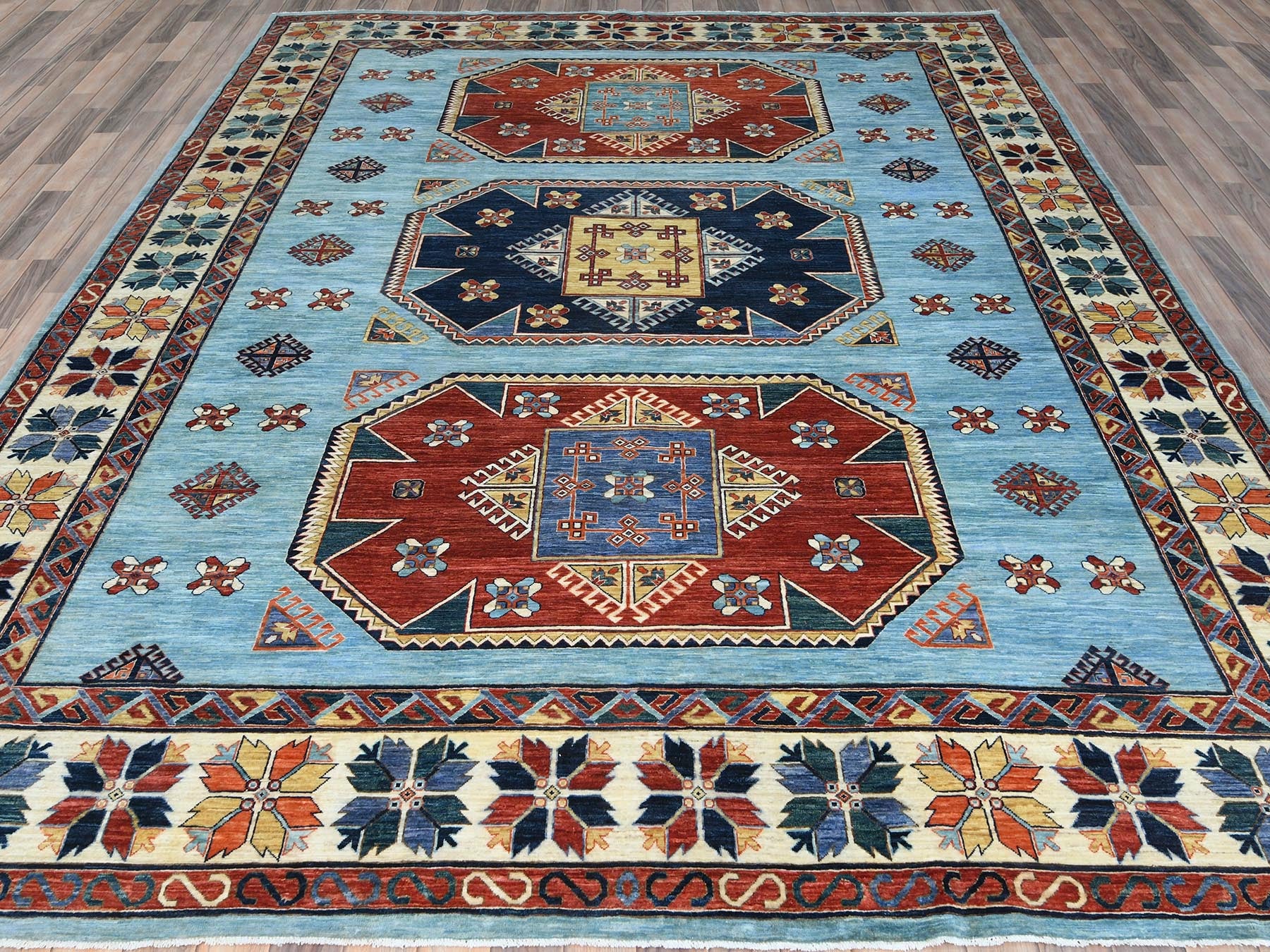 Tribal & Geometric hand-knotted wool rug in Blue & Ivory, 9' x 11'8" — SKU O085034 (view 2)