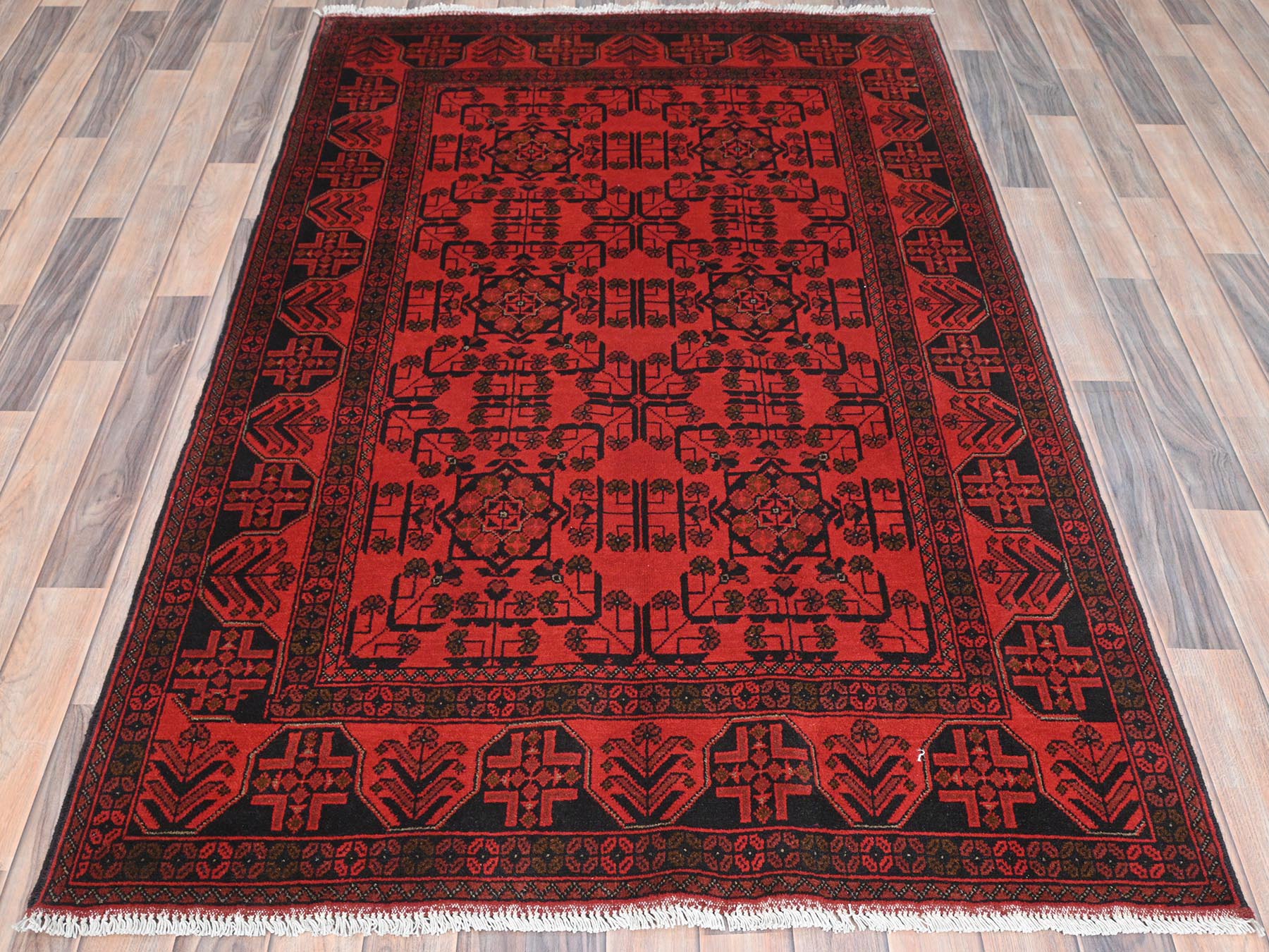 Tribal & Geometric hand-knotted wool rug in Red, 4'2" x 6'5" — SKU O085108 (view 2)