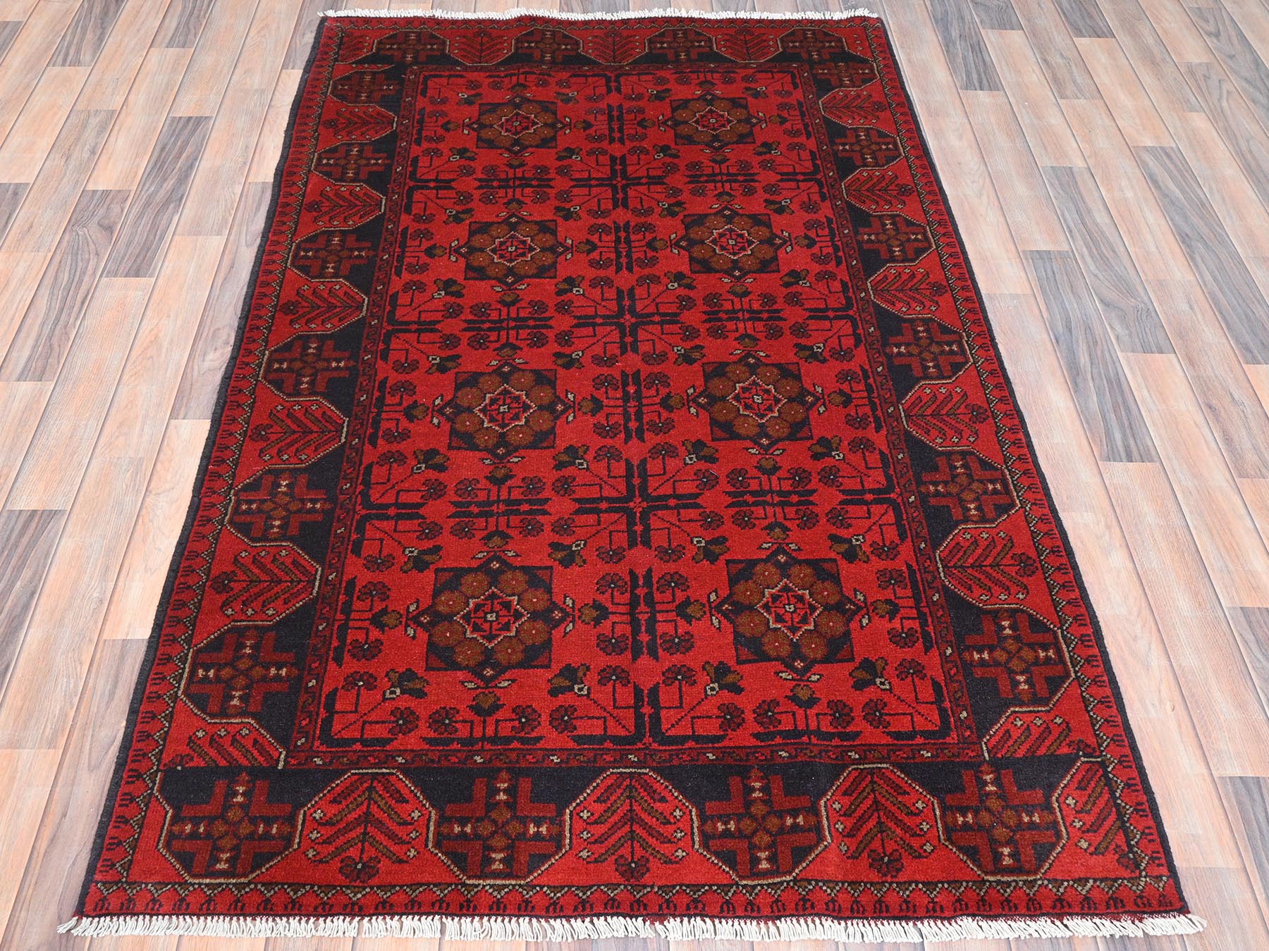 Tribal & Geometric hand-knotted wool rug in Red, 4'1" x 6'3" — SKU O085110 (view 2)