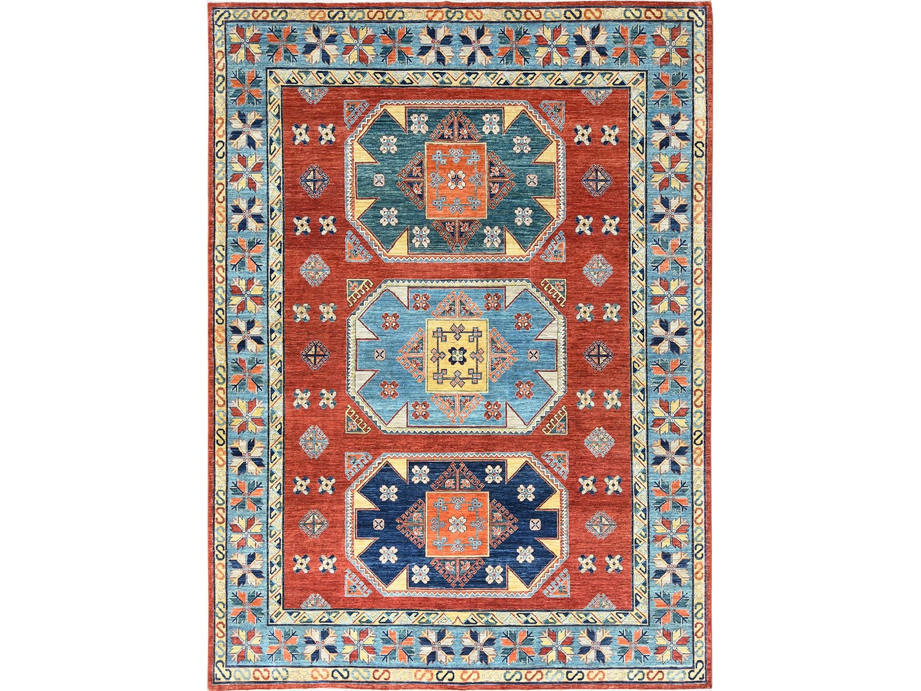 Tribal & Geometric hand-knotted wool rug in Red & Blue, 9' x 12'2" — SKU O085299
