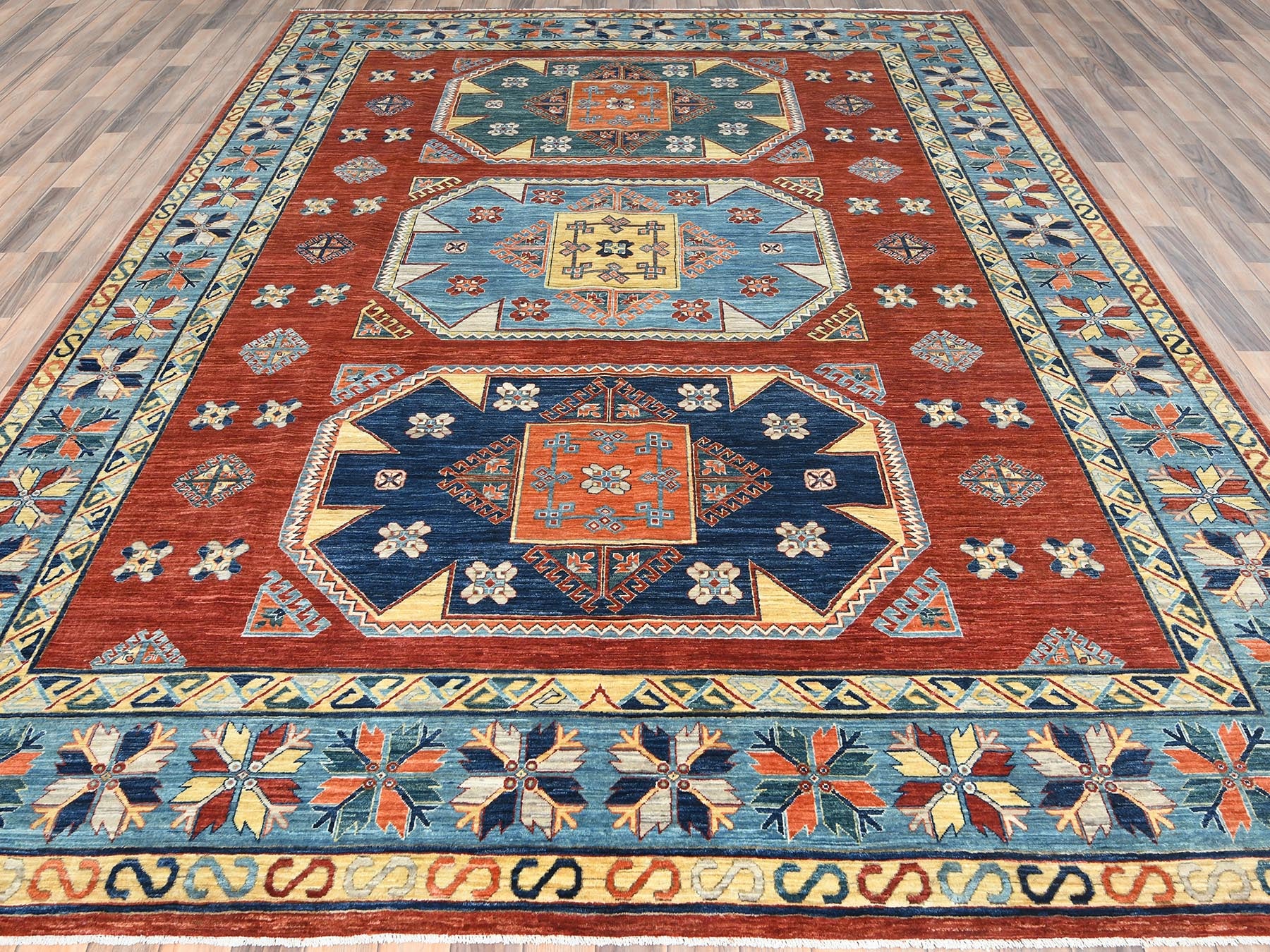 Tribal & Geometric hand-knotted wool rug in Red & Blue, 9' x 12'2" — SKU O085299 (view 2)