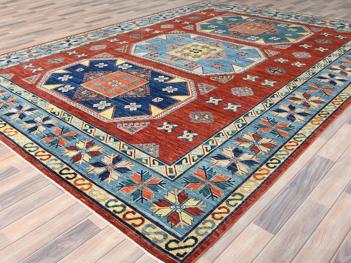 Tribal & Geometric hand-knotted wool rug in Red & Blue, 9' x 12'2" — SKU O085299 (view 3)