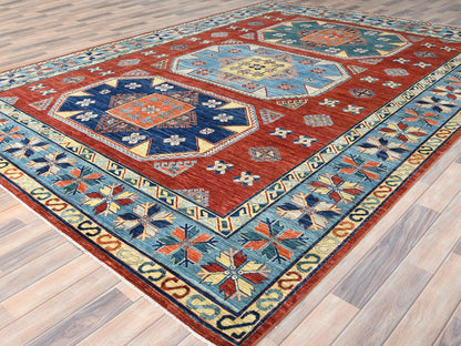 Tribal & Geometric hand-knotted wool rug in Red & Blue, 9' x 12'2" — SKU O085299 (view 3)