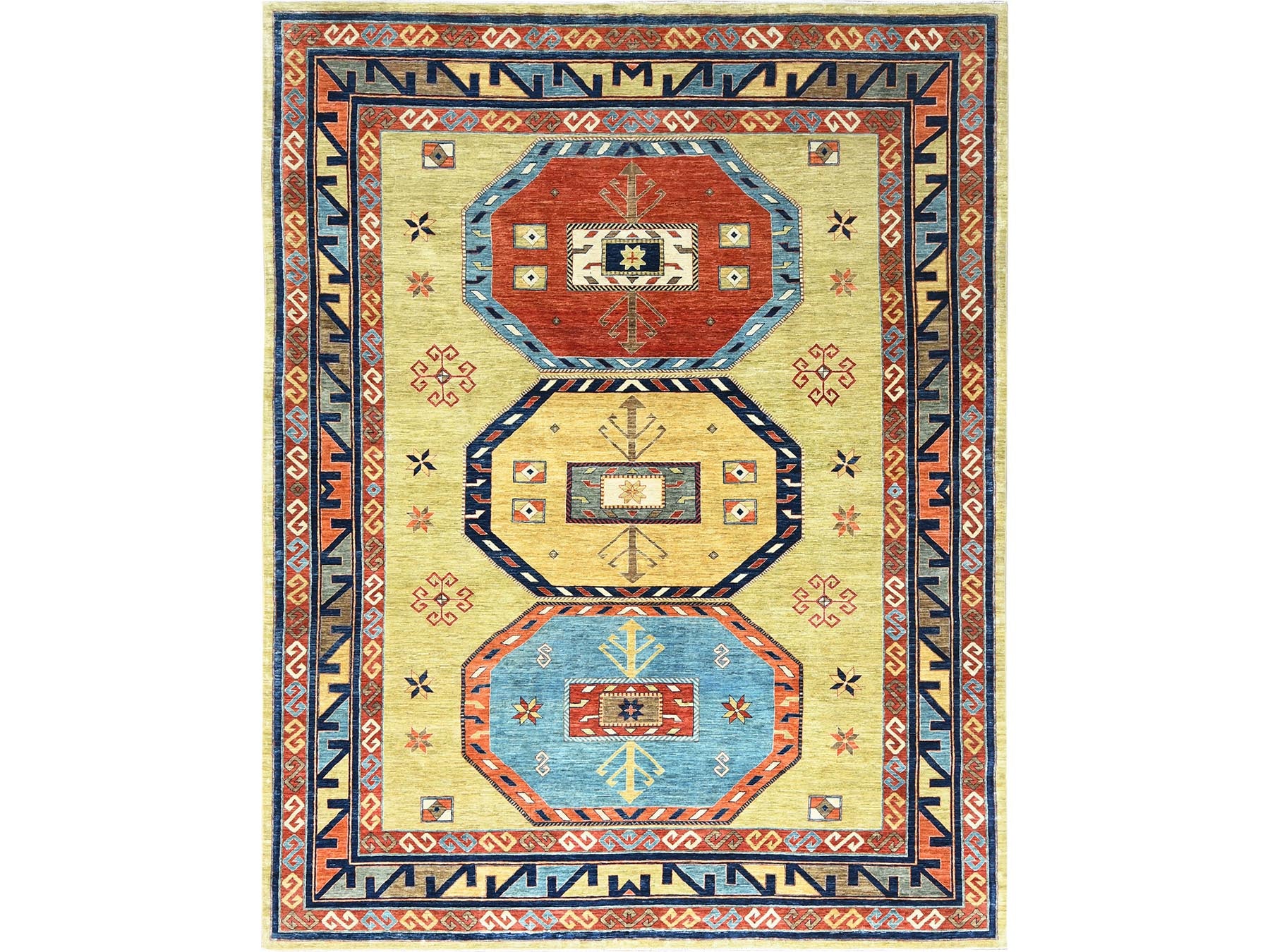 Tribal & Geometric hand-knotted wool rug in Green & Red, 9' x 11'7" — SKU O085309