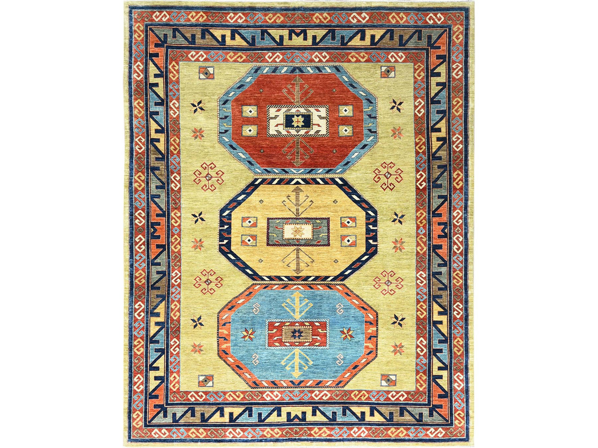 Tribal & Geometric hand-knotted wool rug in Green & Red, 9' x 11'7" — SKU O085309