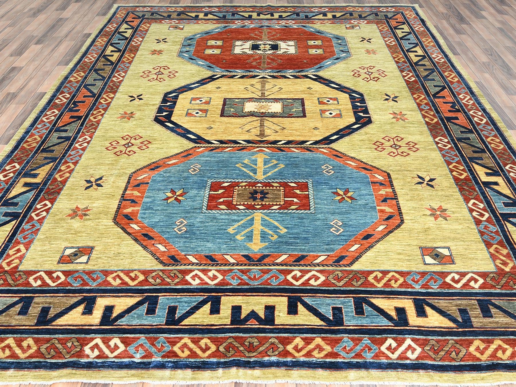 Tribal & Geometric hand-knotted wool rug in Green & Red, 9' x 11'7" — SKU O085309 (view 2)