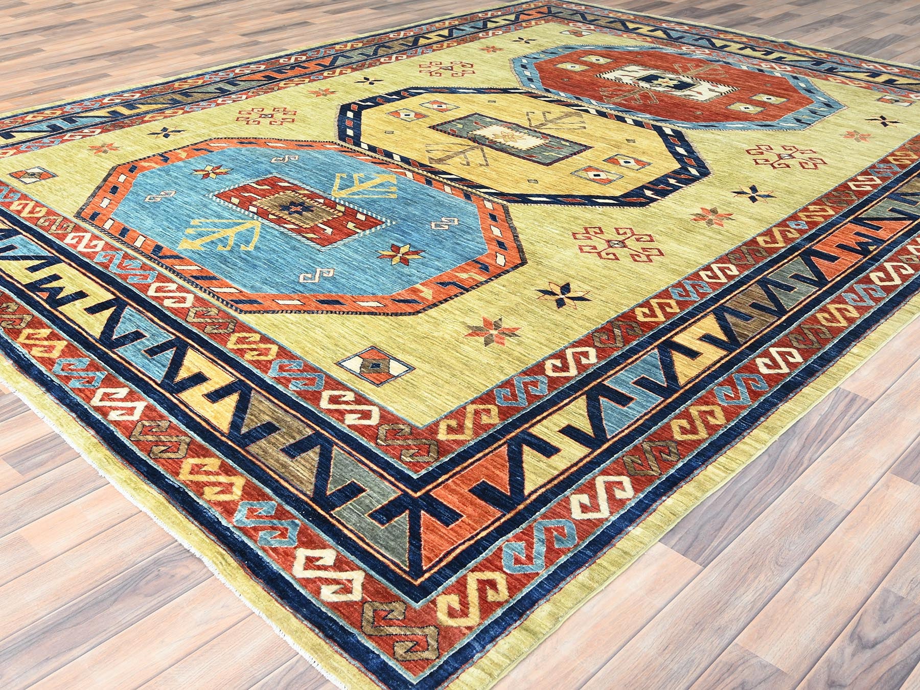 Tribal & Geometric hand-knotted wool rug in Green & Red, 9' x 11'7" — SKU O085309 (view 3)