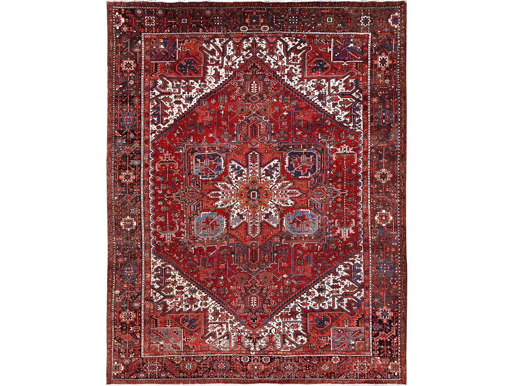 Heriz Heriz hand-knotted worn wool rug in Red & Black, 10'1" x 12'9" — SKU O085562