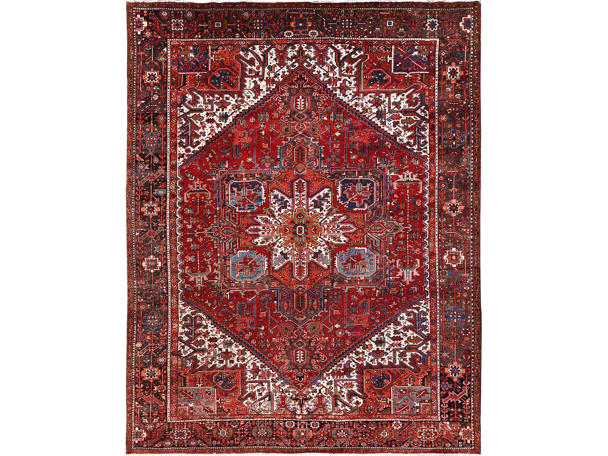 Heriz Heriz hand-knotted worn wool rug in Red & Black, 10'1" x 12'9" — SKU O085562
