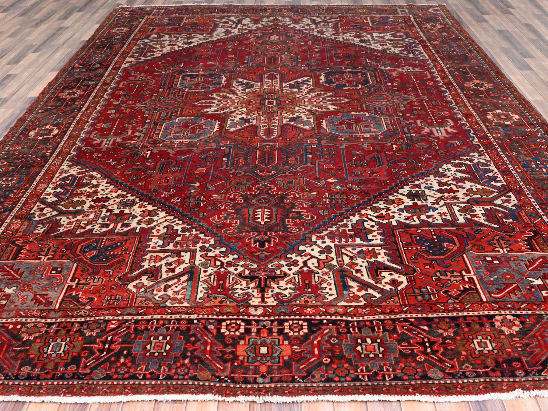 Heriz Heriz hand-knotted worn wool rug in Red & Black, 10'1" x 12'9" — SKU O085562 (view 2)
