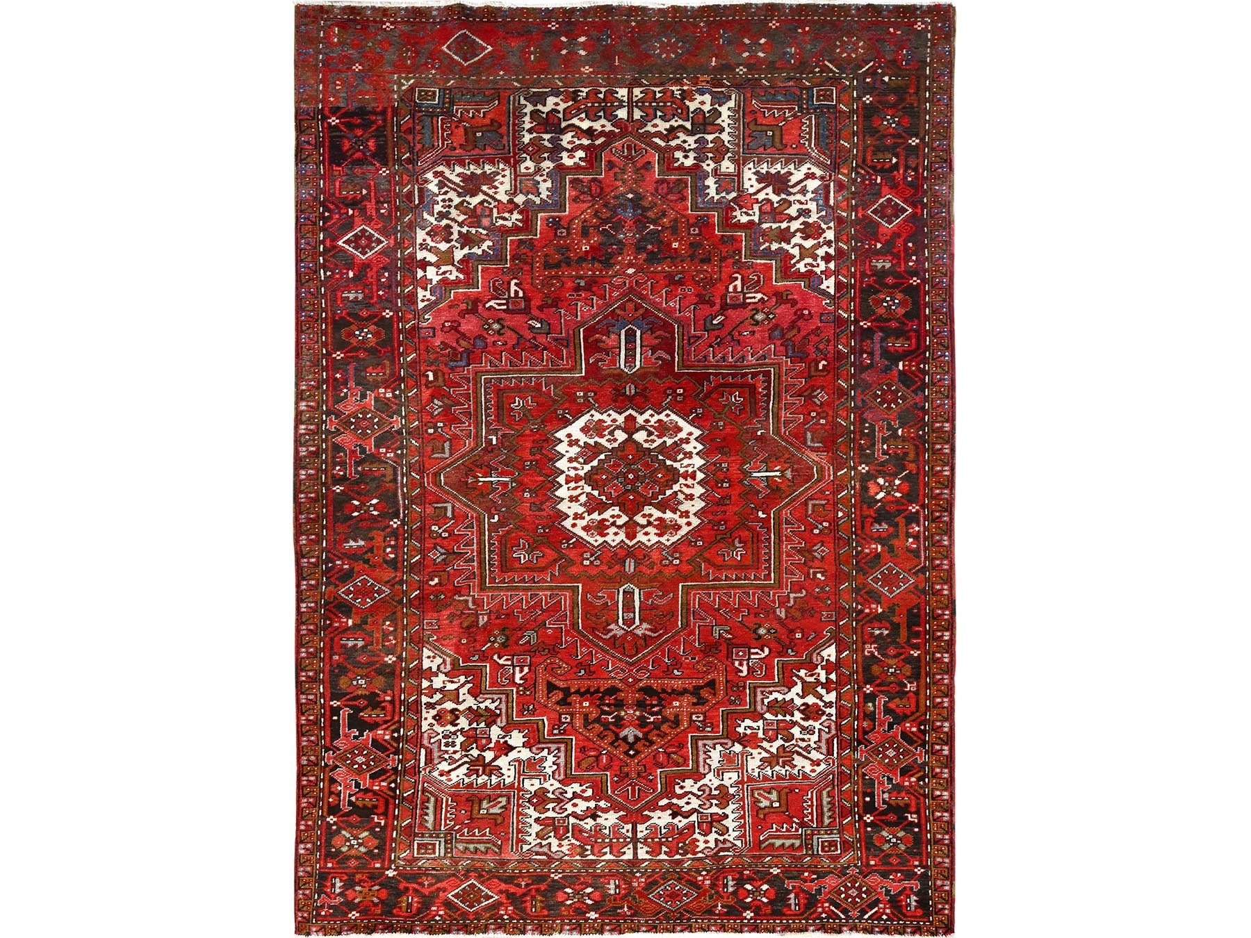 Heriz Heriz hand-knotted worn wool rug in Red & Black, 7'5" x 10'2" — SKU O085570