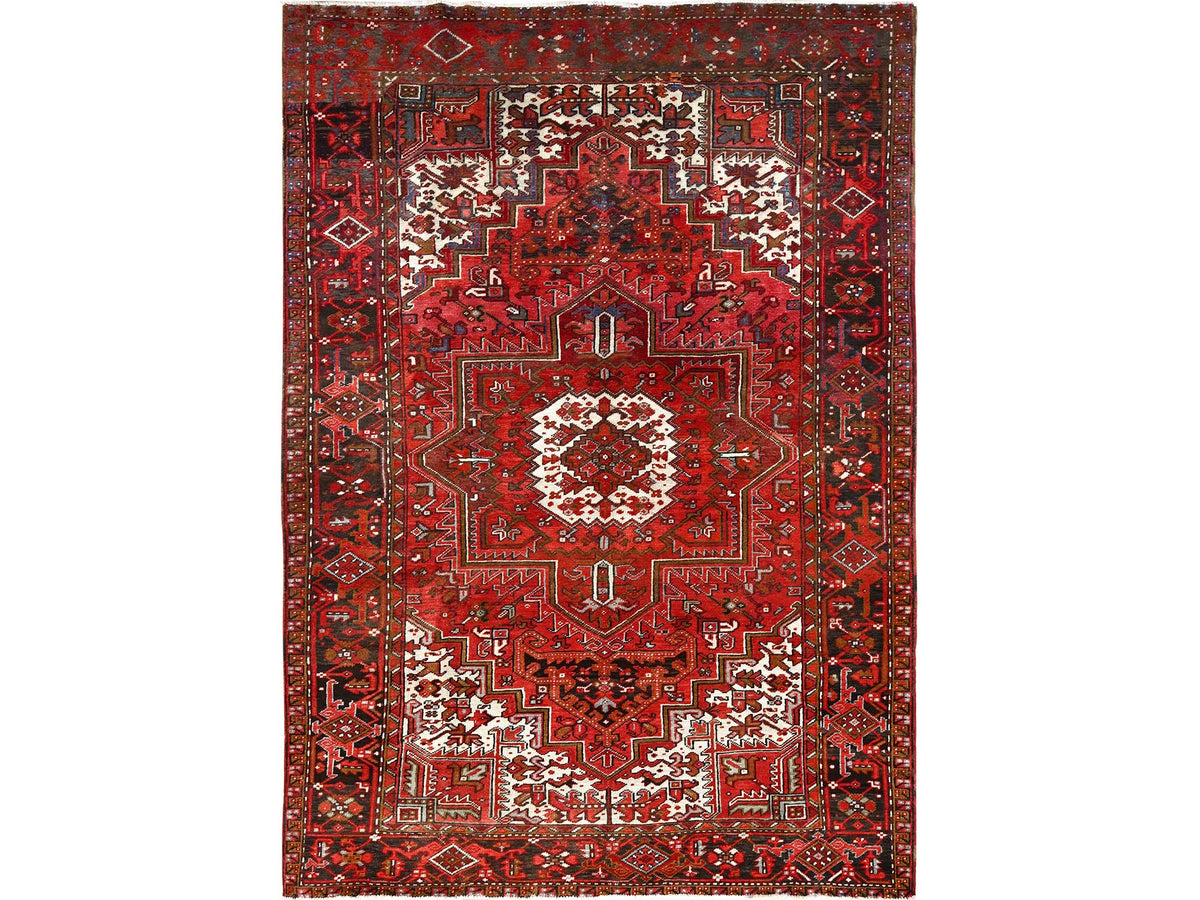 Heriz Heriz hand-knotted worn wool rug in Red & Black, 7'5" x 10'2" — SKU O085570