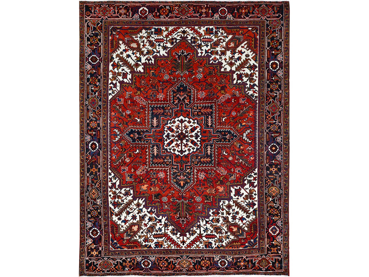 Persian Heriz hand-knotted worn wool rug in Red, 8'5" x 10'9", SKU O085572