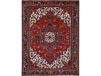 Persian Heriz hand-knotted worn wool rug in Red, 8'5" x 10'9", SKU O085572