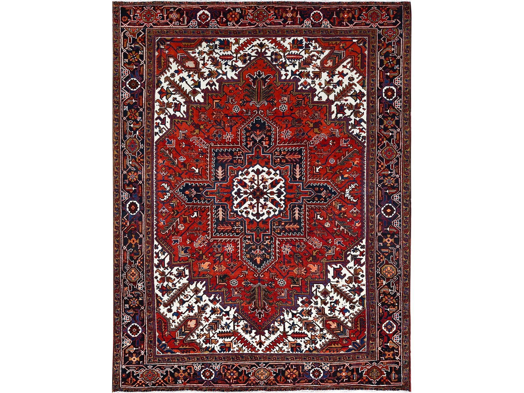 Persian Heriz hand-knotted worn wool rug in Red, 8'5" x 10'9", SKU O085572