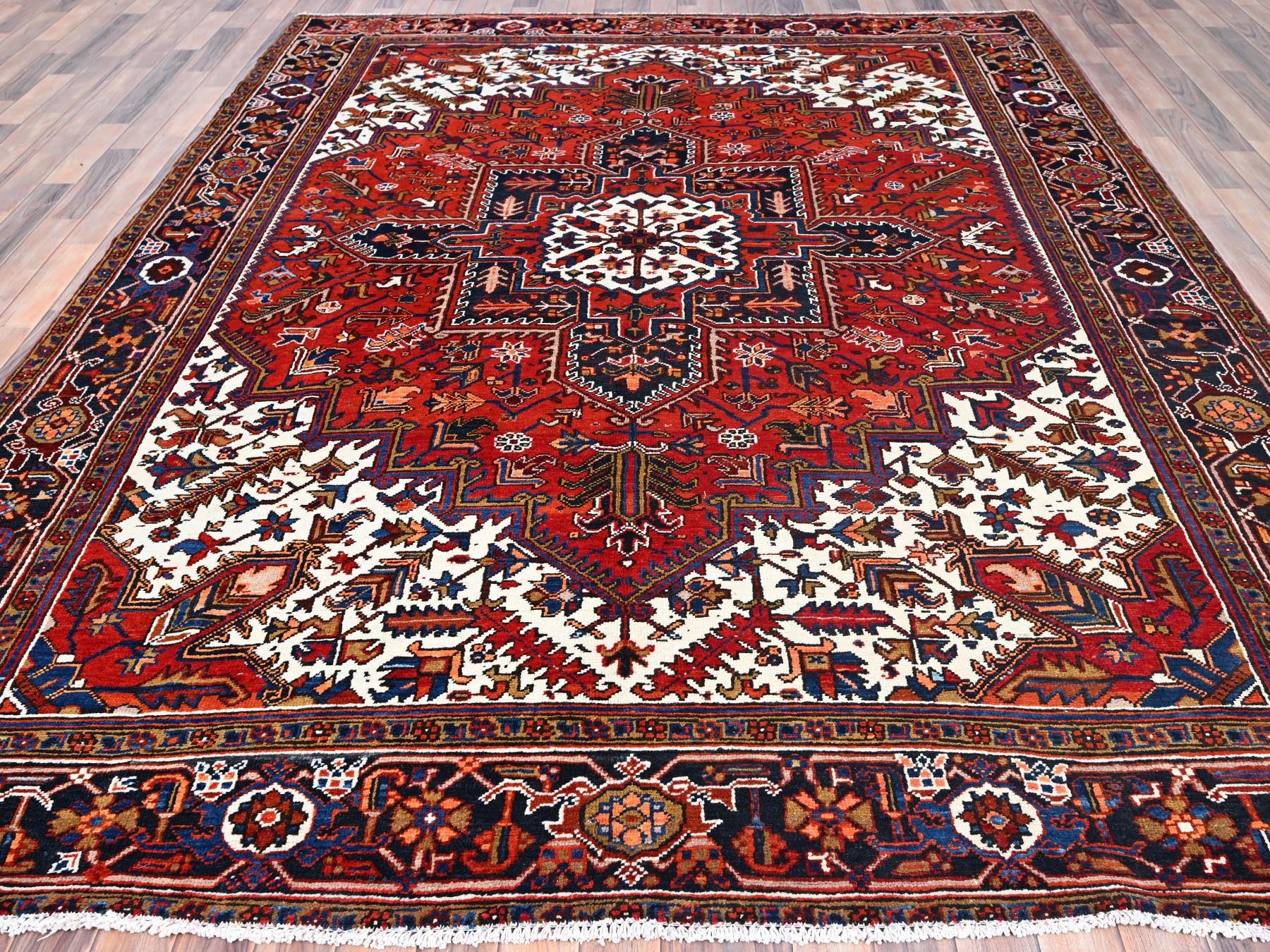 Persian Heriz hand-knotted worn wool rug in Red, 8'5" x 10'9", SKU O085572 (view 2)
