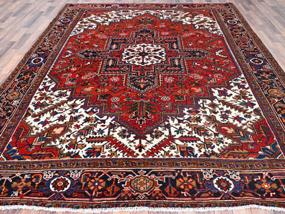 Persian Heriz hand-knotted worn wool rug in Red, 8'5" x 10'9", SKU O085572 (view 2)