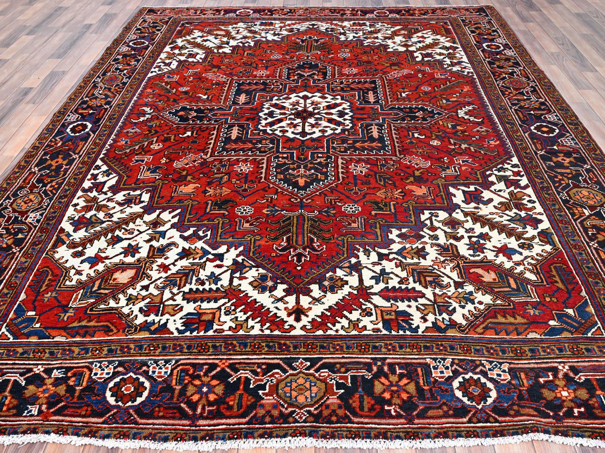 Persian Heriz hand-knotted worn wool rug in Red, 8'5" x 10'9", SKU O085572 (view 2)