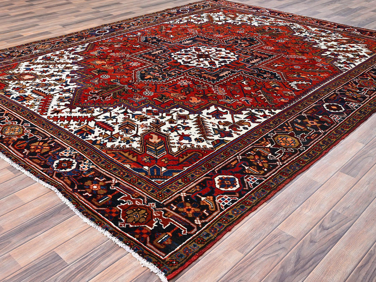 Persian Heriz hand-knotted worn wool rug in Red, 8'5" x 10'9", SKU O085572 (view 3)