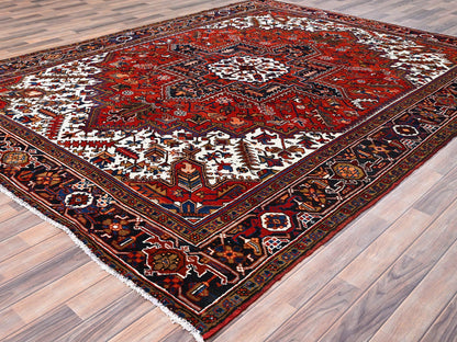 Persian Heriz hand-knotted worn wool rug in Red, 8'5" x 10'9", SKU O085572 (view 3)