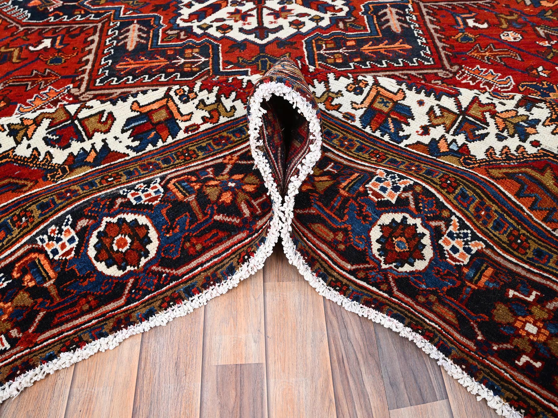 Persian Heriz hand-knotted worn wool rug in Red, 8'5" x 10'9", SKU O085572 (view 5)