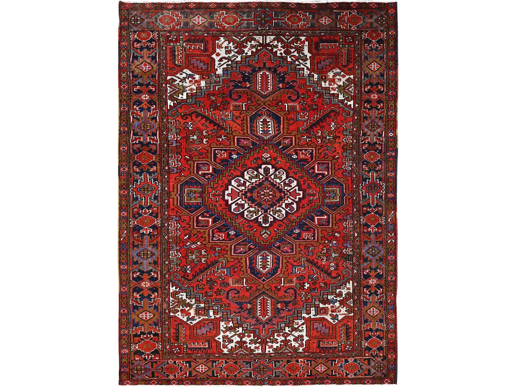 Heriz Heriz hand-knotted worn wool rug in Red & Yale Blue, 7'9" x 11' — SKU O085577