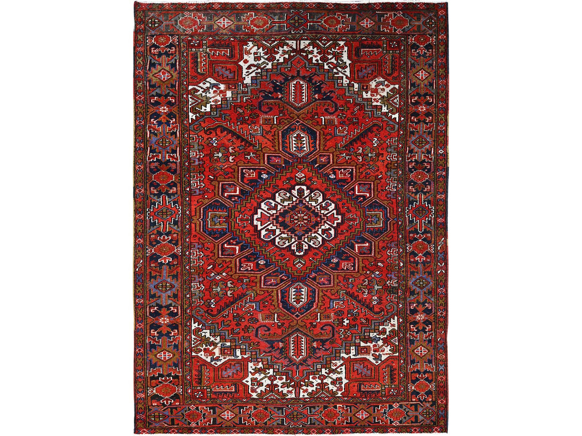 Heriz Heriz hand-knotted worn wool rug in Red & Yale Blue, 7'9" x 11' — SKU O085577