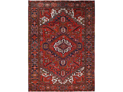 Heriz Heriz hand-knotted worn wool rug in Red & Yale Blue, 7'9" x 11' — SKU O085577