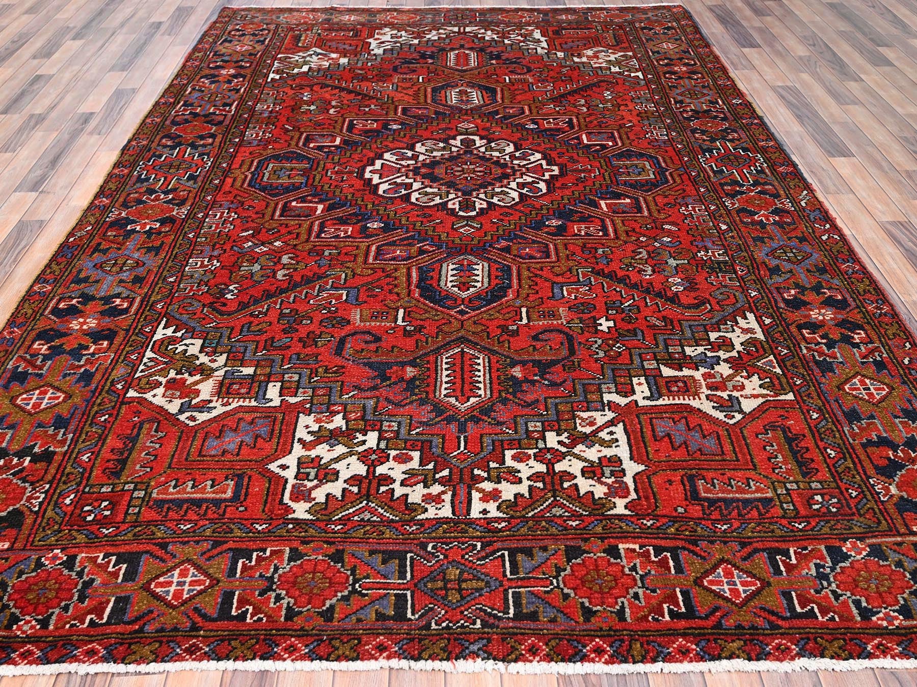 Heriz Heriz hand-knotted worn wool rug in Red & Yale Blue, 7'9" x 11' — SKU O085577 (view 2)