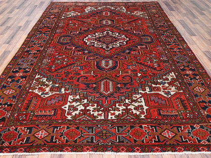 Heriz Heriz hand-knotted worn wool rug in Red & Yale Blue, 7'9" x 11' — SKU O085577 (view 2)
