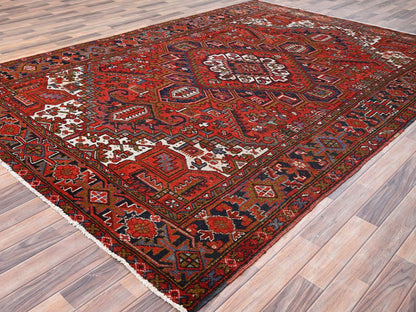 Heriz Heriz hand-knotted worn wool rug in Red & Yale Blue, 7'9" x 11' — SKU O085577 (view 3)